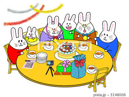 パーティーを楽しんでいるうさぎのファミリー